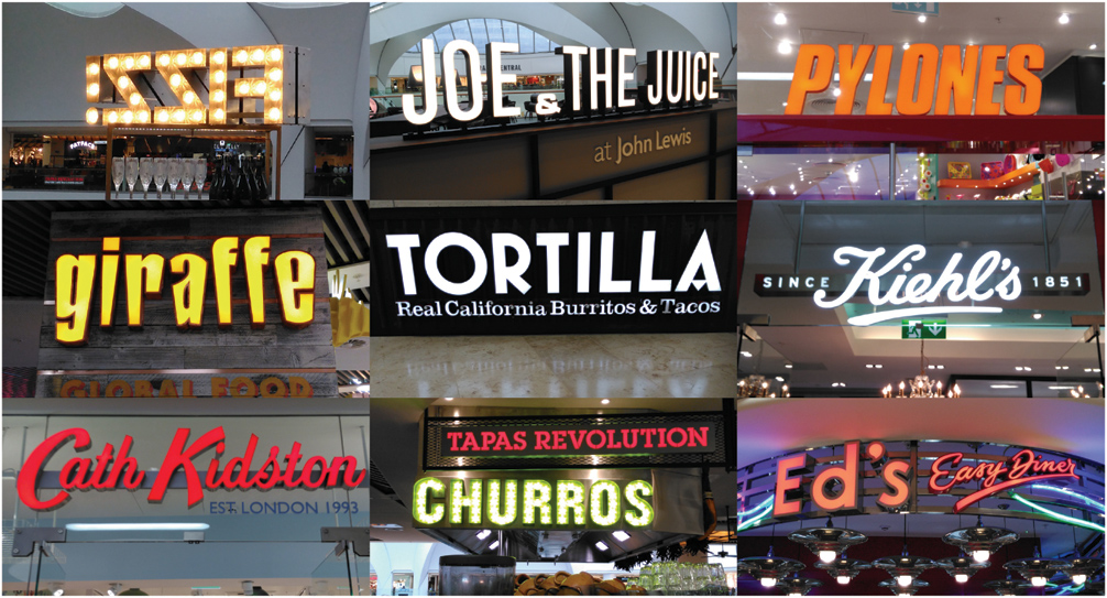 Store and restaurant signs at Grand Central, Birmingham