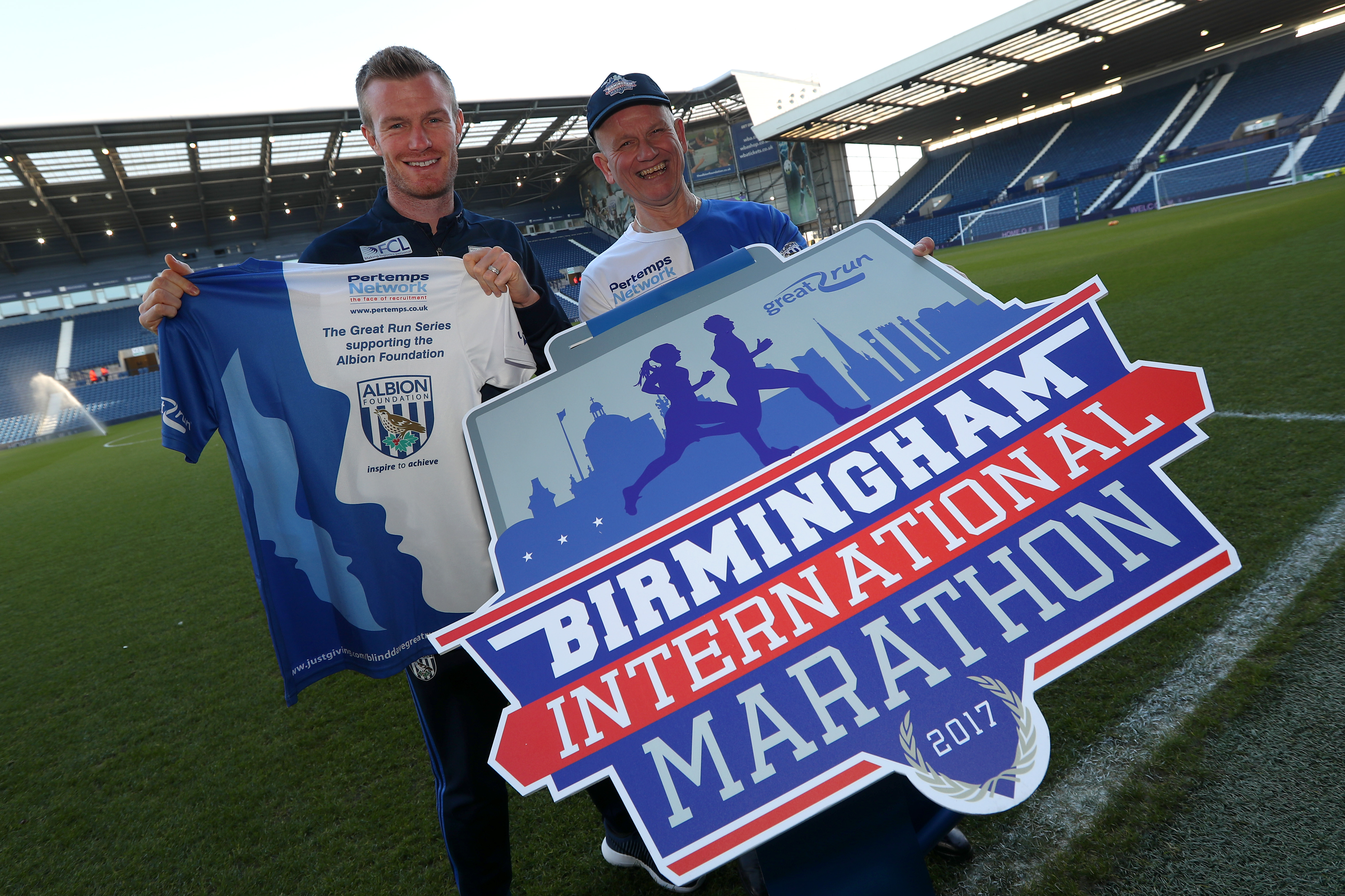 Blind Dave, right, launches his Great Run events in partnership with the West Bromwich Albion Foundation, pictured with Chris Brunt of West Bromwich Albion